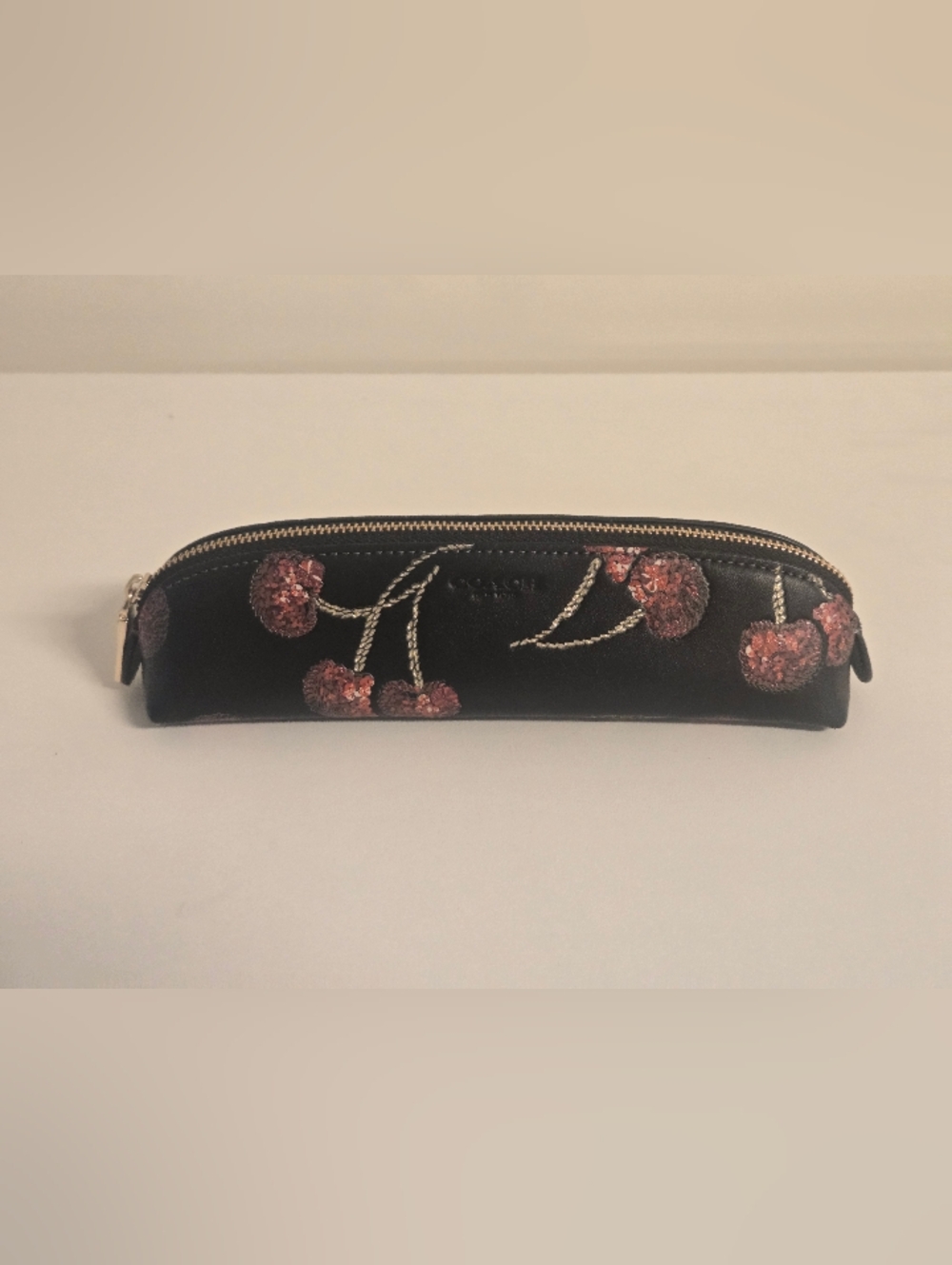 Coach Black/ Cherry-Embroidered Leather Pencil Case